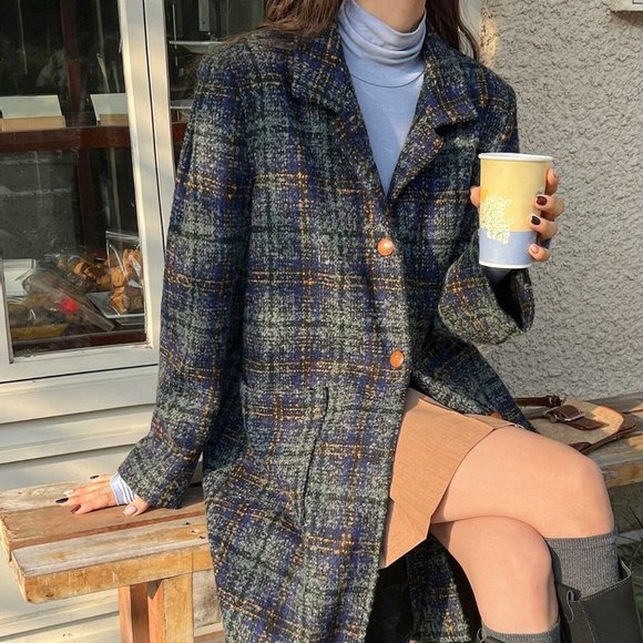 Plaid Lapel Collar Button Front Long Coat Multicolor - Picture 5 of 5